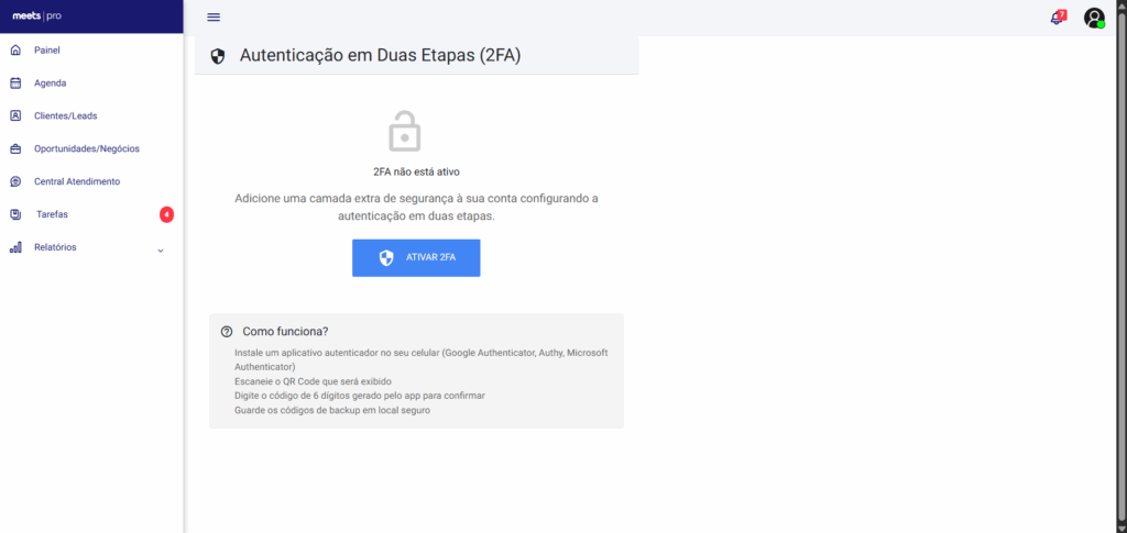 Tela de ativação da autenticação em duas etapas no perfil do usuário no CRM Meets.
