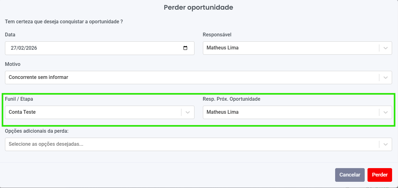 Formulário para "Perder oportunidade" mostrando as novas opções de seleção de Funil/Etapa e definição de responsável pela próxima oportunidade.