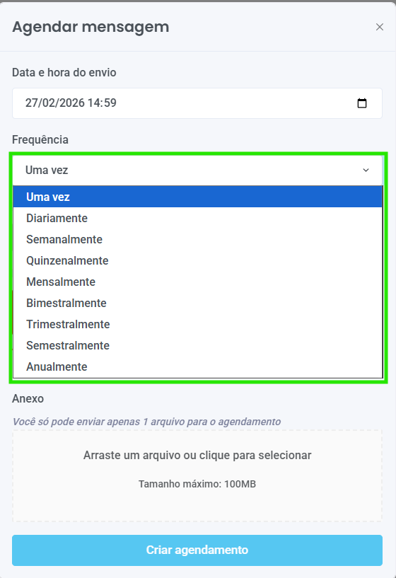 Janela de agendamento de mensagem na central de atendimento destacando o novo menu de frequência com opções de envio diário, semanal, mensal e anual.