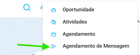 Menu suspenso de ações rápidas na central de atendimento com destaque para o botão de "Agendamento de Mensagem".