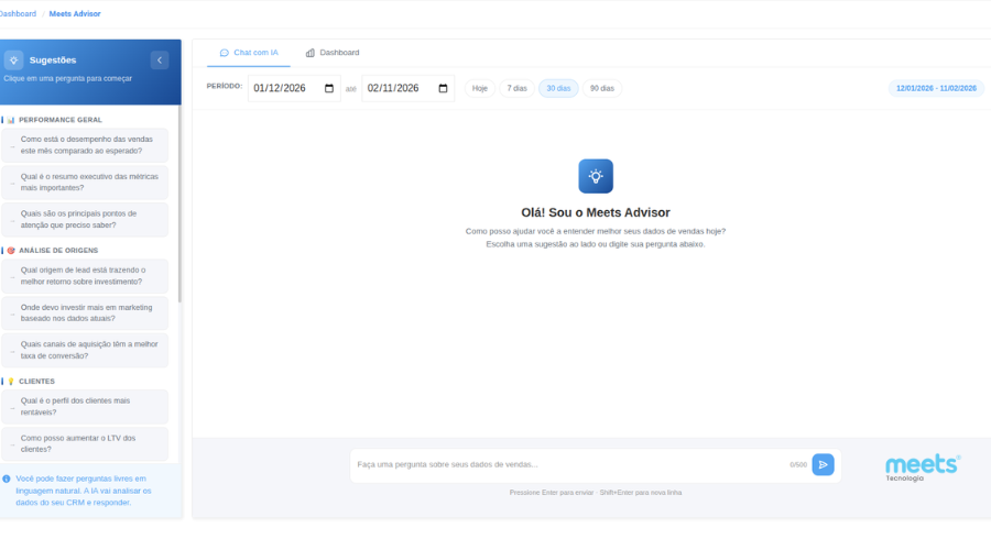 Interface do Meets Advisor exibindo um chat com inteligência artificial para análise de dados e sugestões estratégicas sobre performance geral, origens de leads e perfil de clientes.